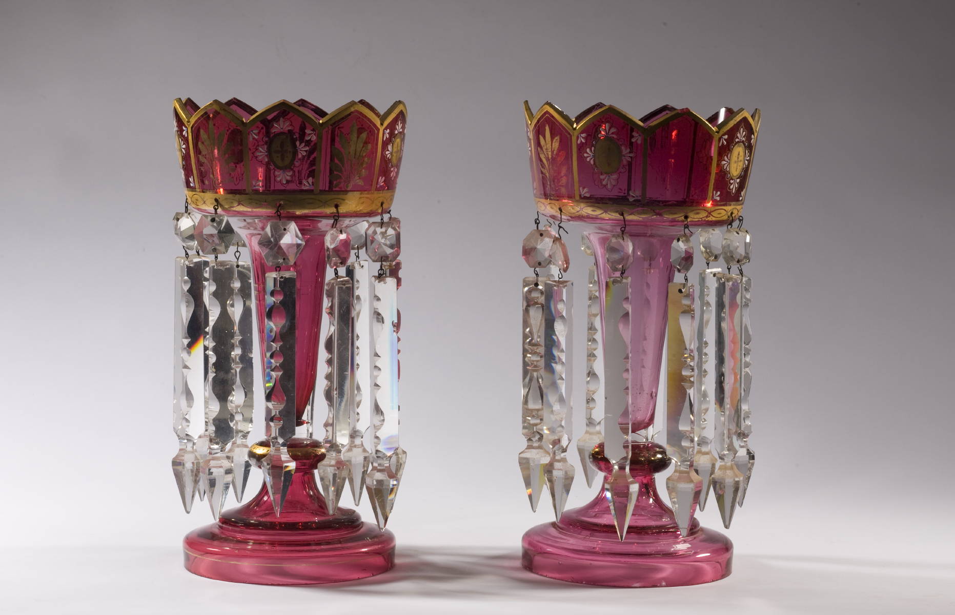 Appraisal: PAIR OF VICTORIAN CRANBERRY GLASS LUSTRES WITH GILT DECORATION Height