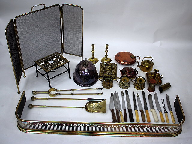 Appraisal: A QUANTITY OF BRASSWARE to include fire irons a fire