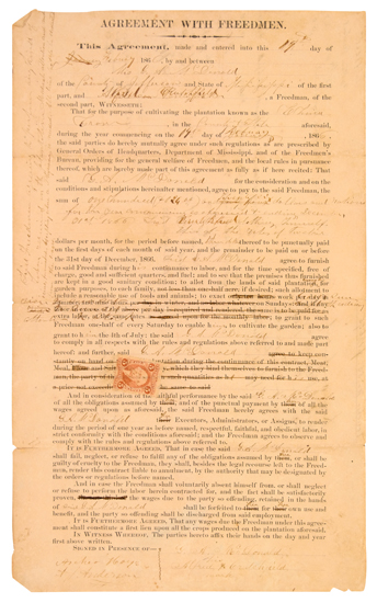 Appraisal: VIRTUAL SLAVERY FOR A FREEDMAN SLAVERY AND ABOLITION--RECONSTRUCTION Freedman's Contract