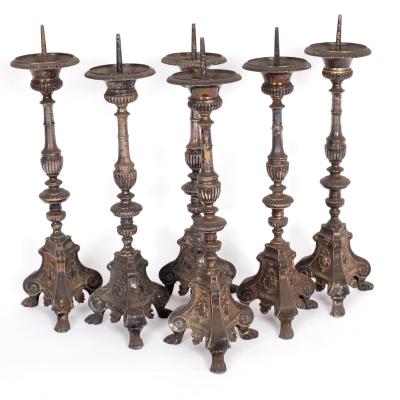 Appraisal: A set of six plated altar candlesticks with triform bases