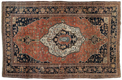 Appraisal: Ferahan Sarouk rug ivory and blue central medallions on salmon