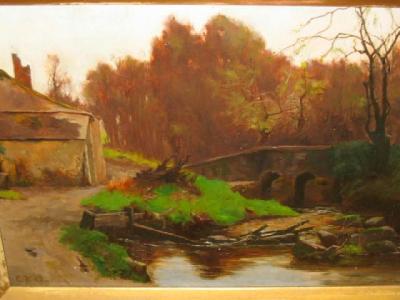 Appraisal: G F KEYS Autumnal River Scene with Bridge and Cottage