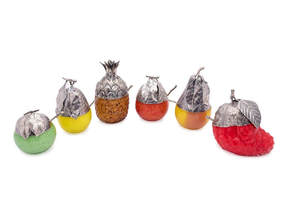 Appraisal: A Set of Six Italian Glass and Silver Jam Jars