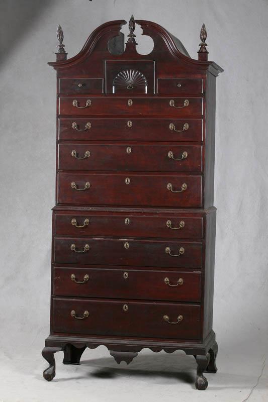 Appraisal: CHEST ON CHEST Mahogany with broken arch pediment carved shell