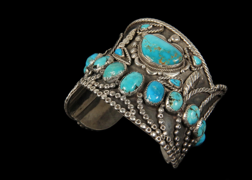 Appraisal: BRACELET - Large Native American Silver and Turquoise Cuff Bracelet