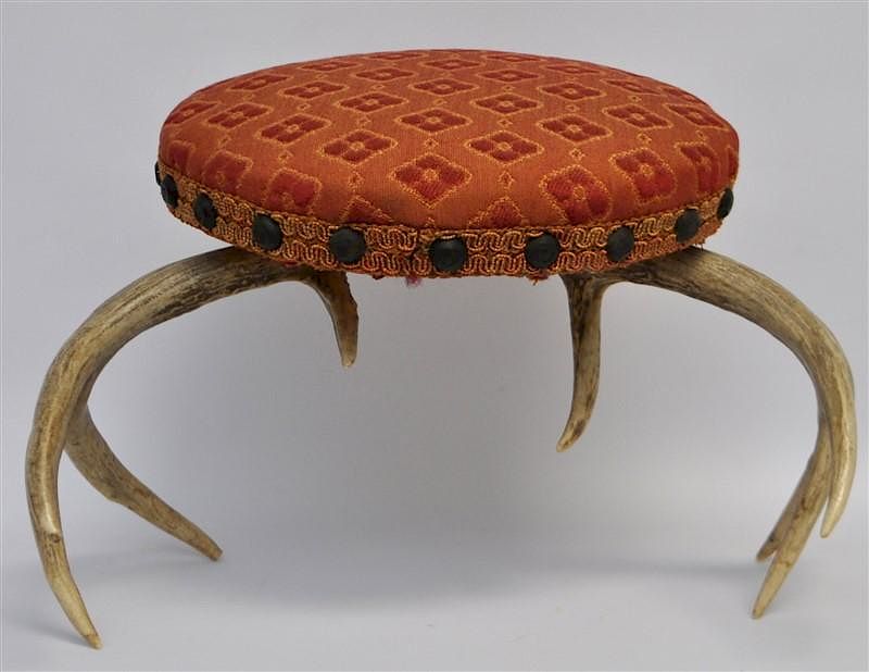 Appraisal: VICTORIAN ANTLER GOUT STOOL Victorian Style Antler Gout Stool Brocade