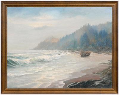 Appraisal: American School coastal painting rocky coast with beached boat unsigned