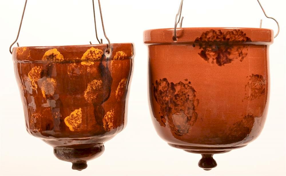 Appraisal: Lester Breininger Redware Hanging Planters Two Lester Breininger Redware Pottery