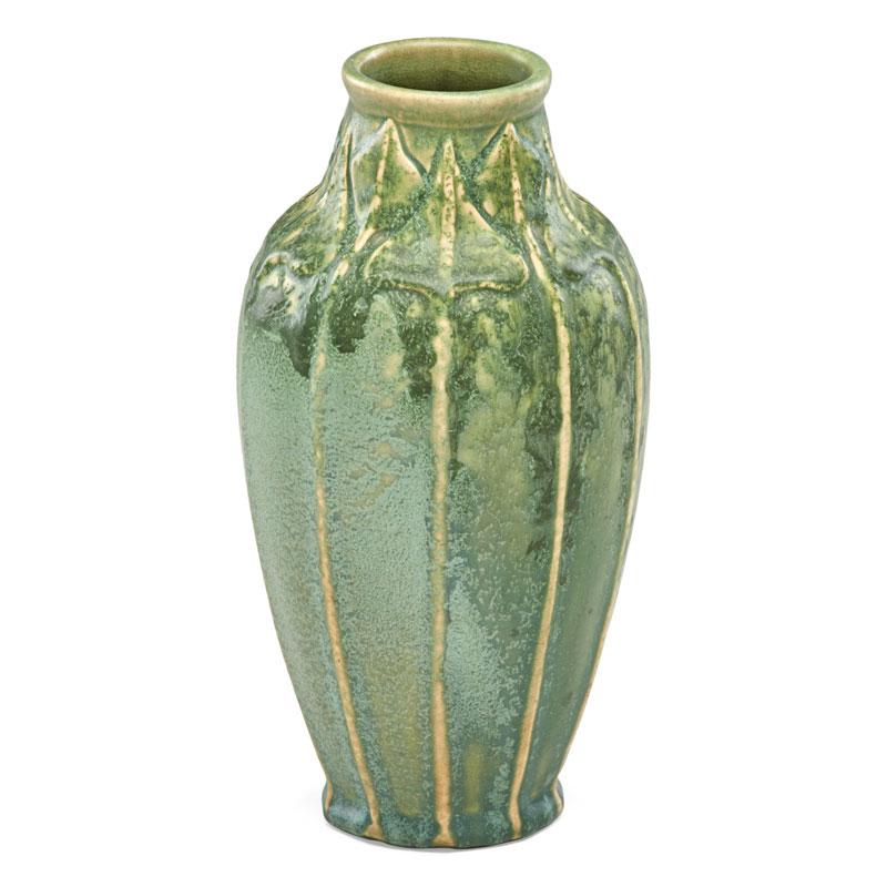 Appraisal: VAN BRIGGLE Tall early vase Condition Report Firing lines to