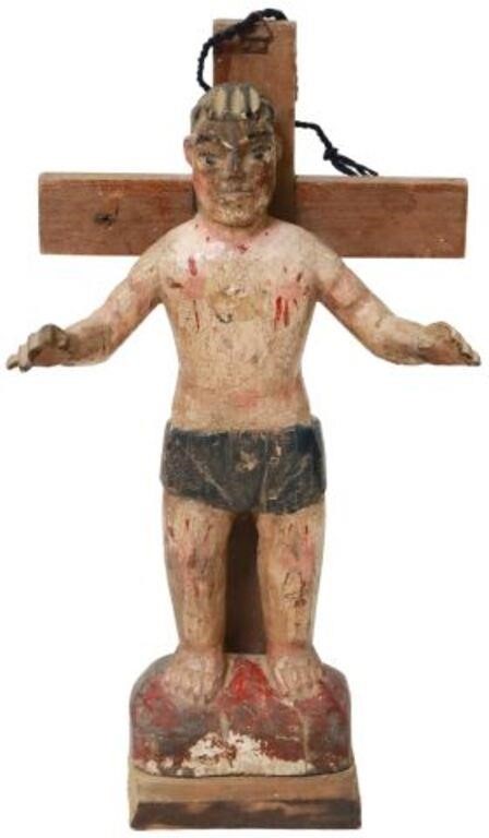 Appraisal: Large religious crucifix th c polychrome painted crucified Christ gesso