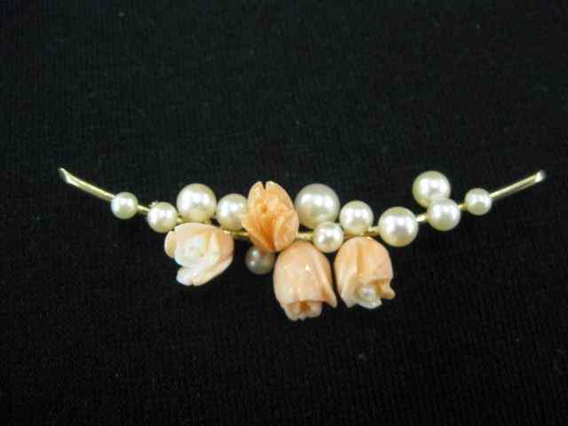 Appraisal: Carved Coral Pearl k Brooch floralcarved coral and pearls in