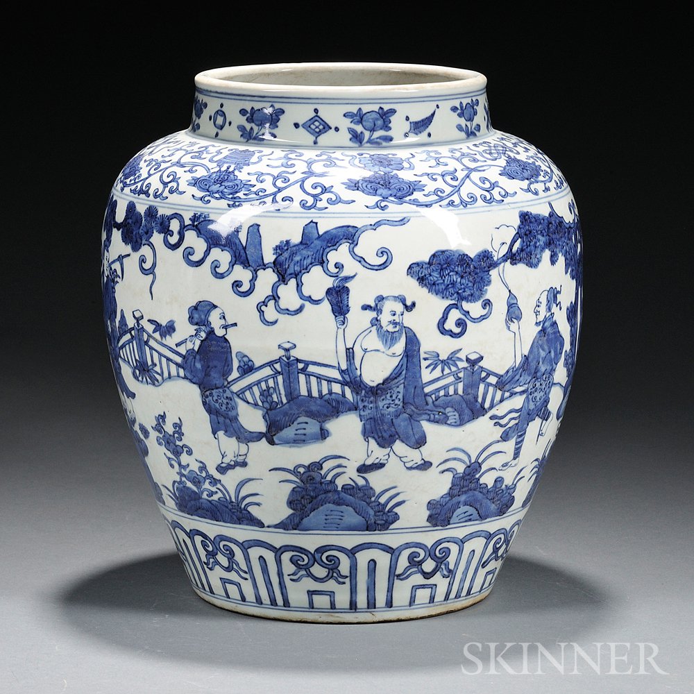 Appraisal: Ming-style Blue and White Jar China bulbous shape with short