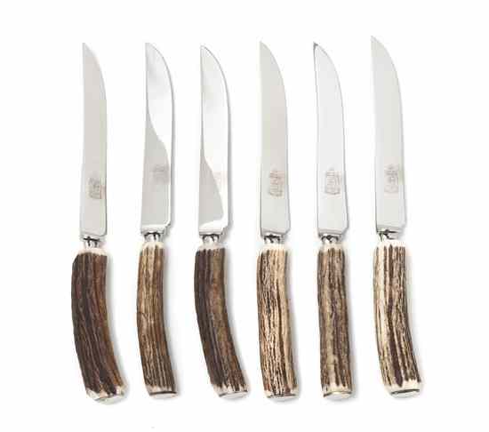 Appraisal: Six Horn-Handled Silverplate Steak Knives Kirk and Matz Length inches