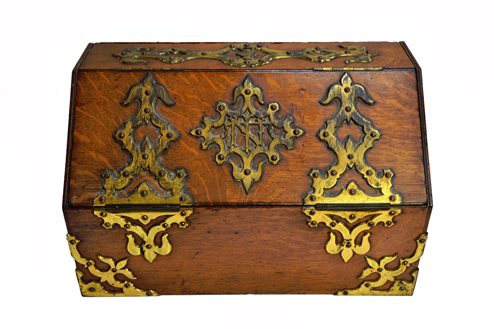 Appraisal: A Victorian Gothic Revival brass bound oak documents box with