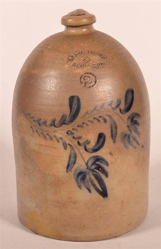 Appraisal: th C PA Stoneware Jug w Cobalt Slip Tulip Unsigned