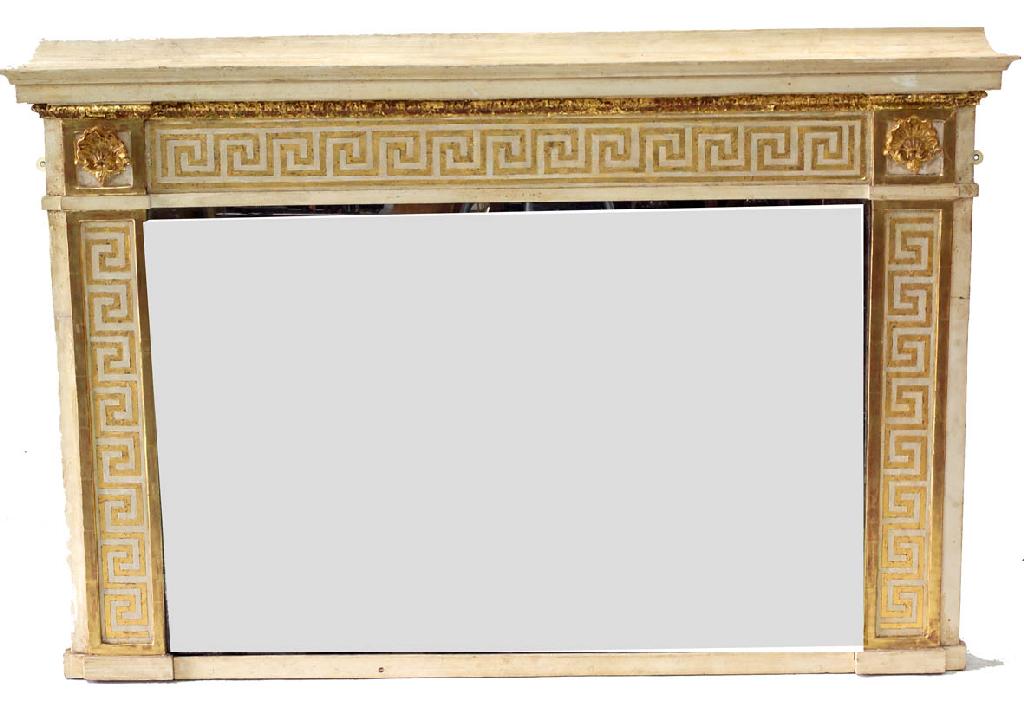 Appraisal: REGENCY GILT- AND WHITE-PAINTED OVERMANTEL MIRROR with moulded cornice above