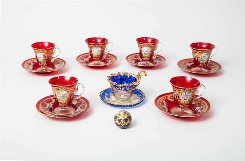 Appraisal: Set of Six Venetian Ruby Glass Cups and Saucers a