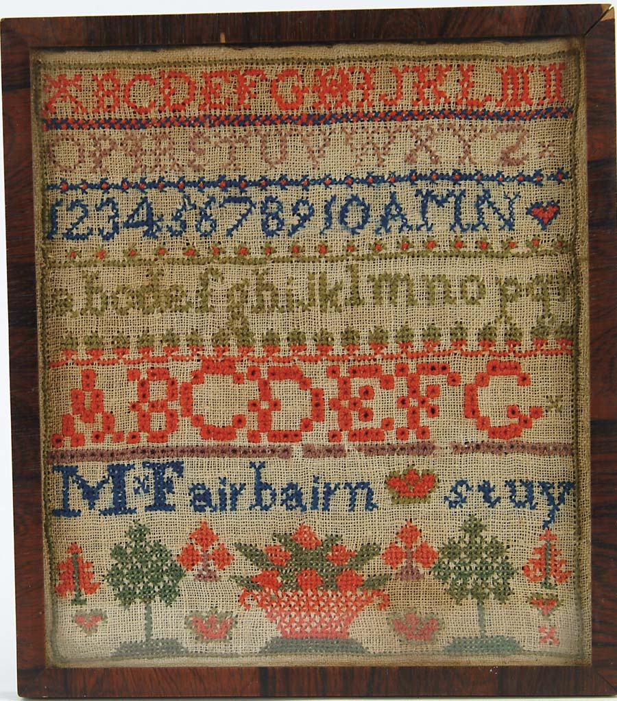 Appraisal: SMALL COLORFUL CHILDHOOD SAMPLER Five alpha-numeric rows signed M Fairbairn