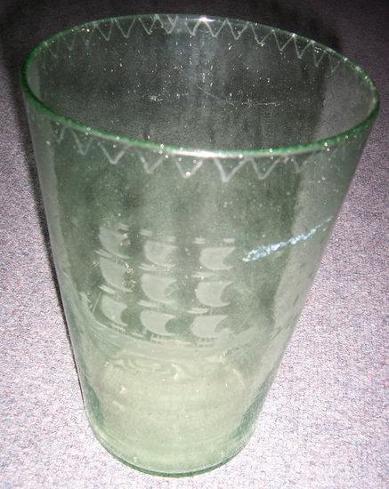 Appraisal: A green glass vase of bucket shape etched a three