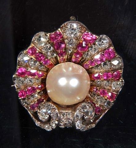 Appraisal: A RUBY PEARL AND DIAMOND SET BROOCH in the form