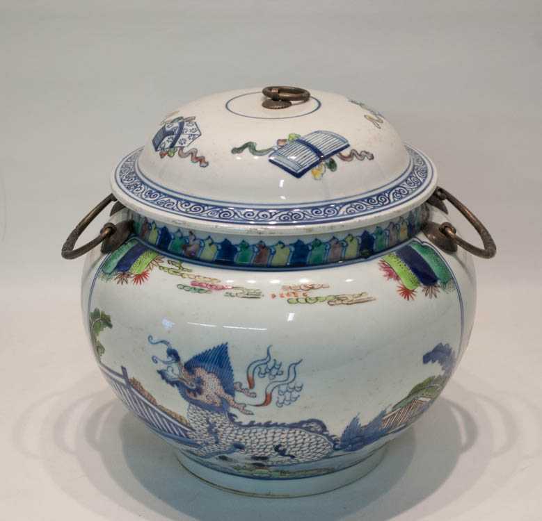 Appraisal: CHINESE QING DOUCAI PORCELAIN LIDDED JAR hand enameled with two