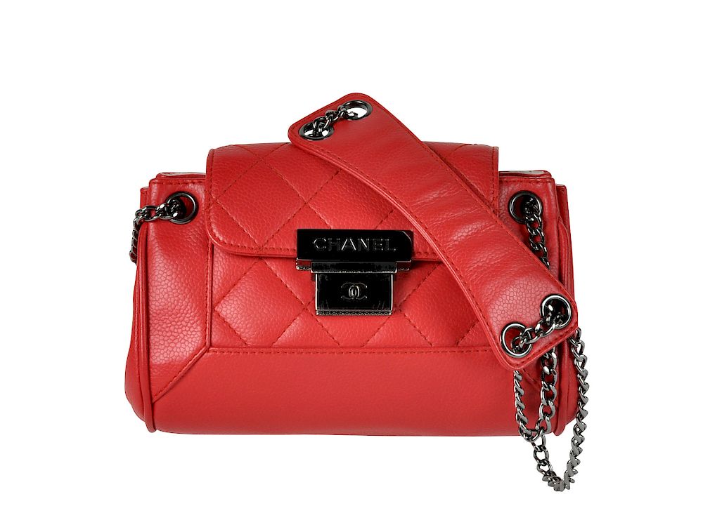 Appraisal: Red Leather CHANEL Handbag with Silver Hardware Chanel handbag is