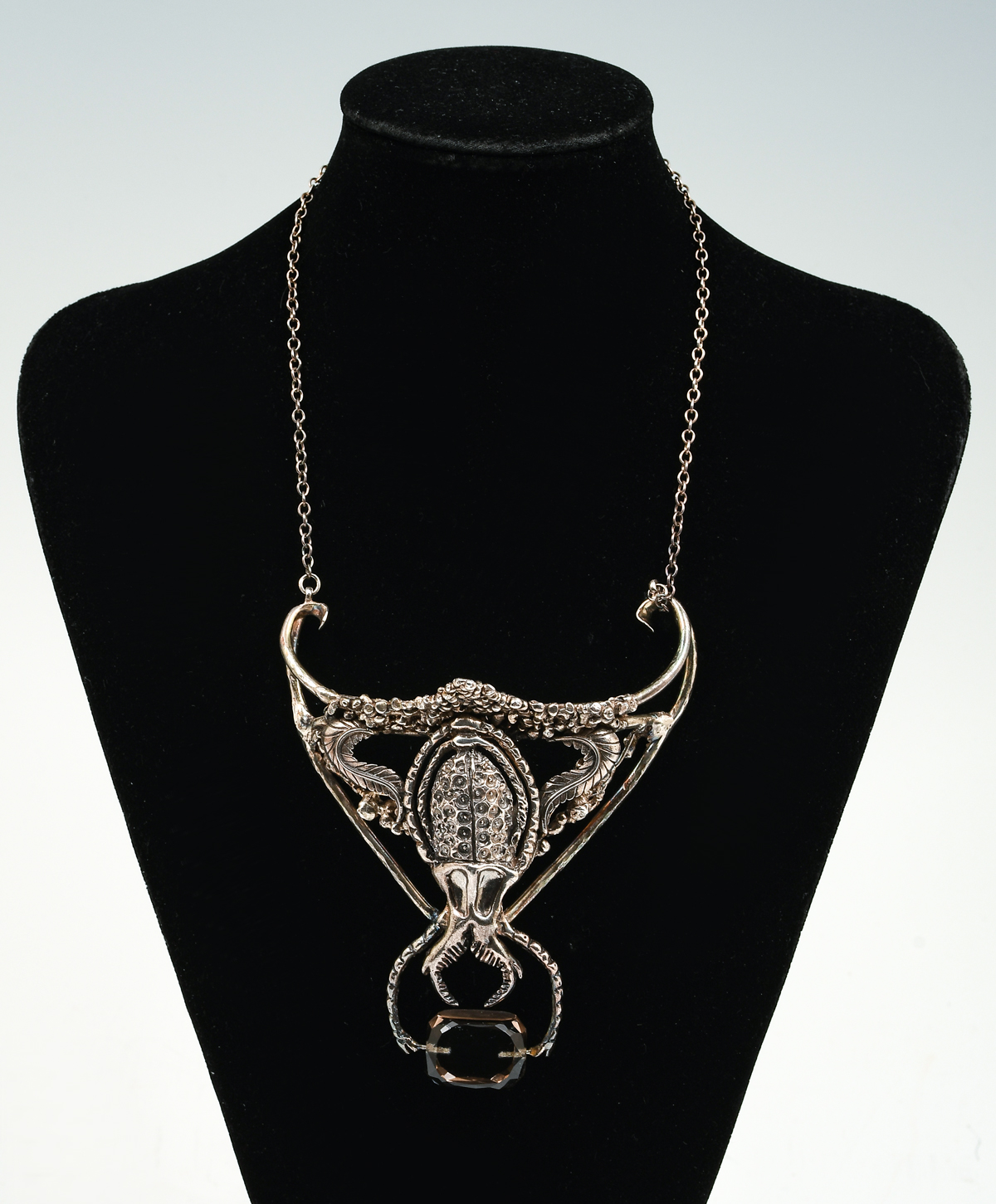 Appraisal: UNUSUAL STERLING SCARAB NECKLACE WITH SMOKY QUARTZ Nicely detailed large