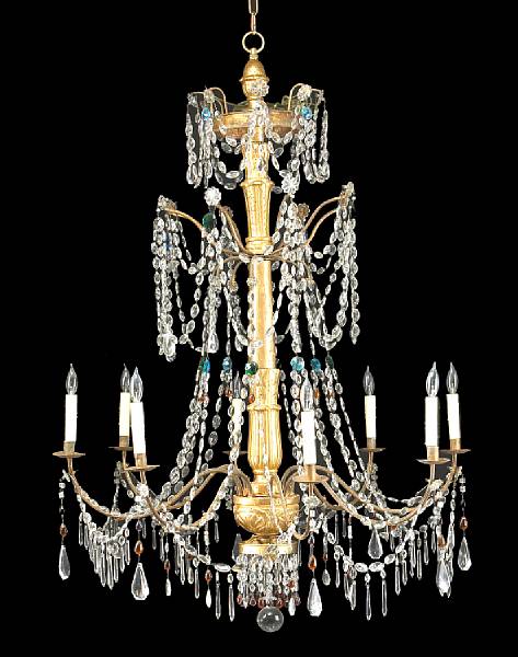 Appraisal: An Italian Neoclassical giltwood iron colored and clear glass eight