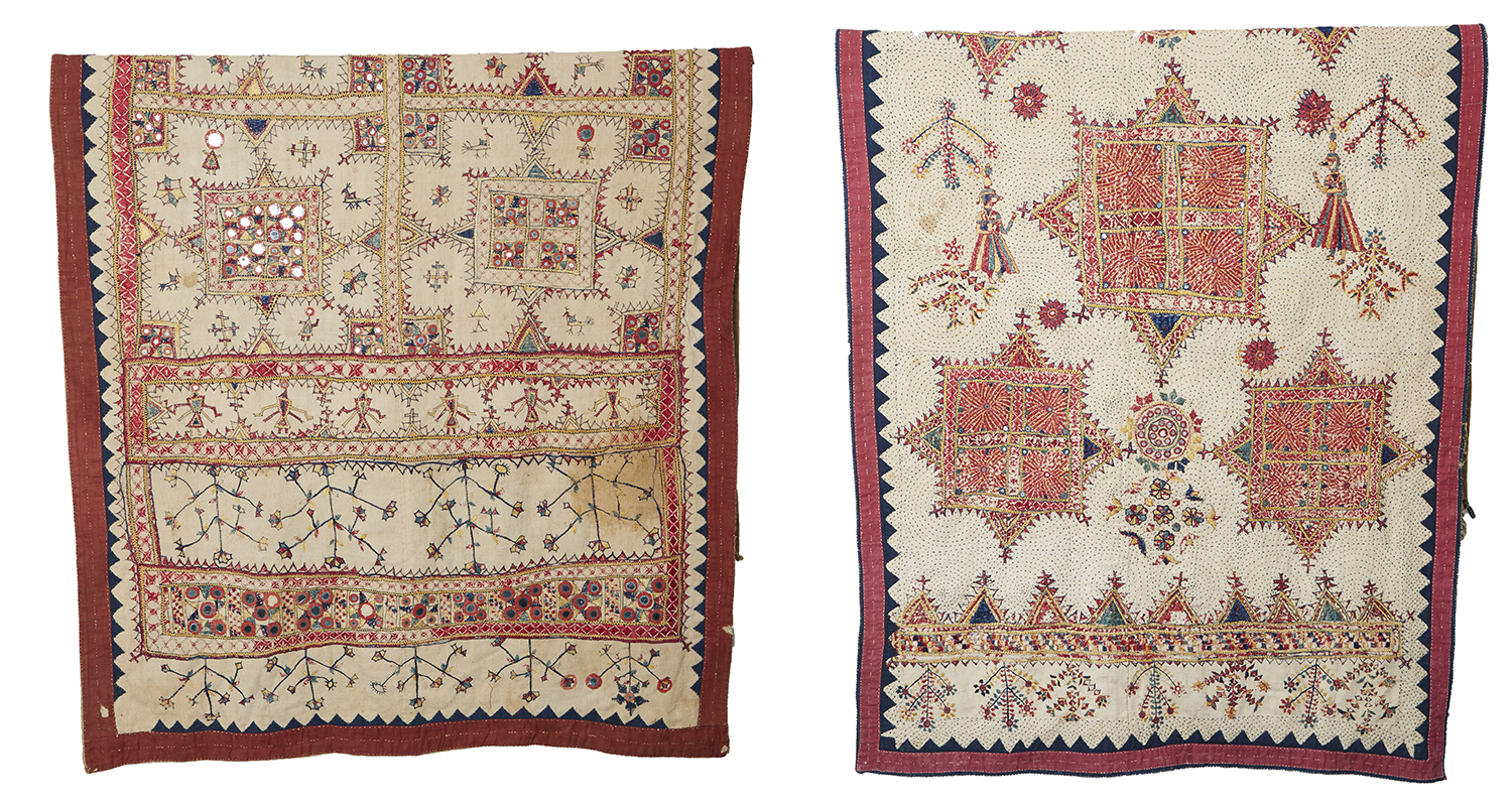 Appraisal: TWO RARE NORTHERN INDIAN GUJARAT EMBROIDERED AND MIRRORED WALL HANGINGS