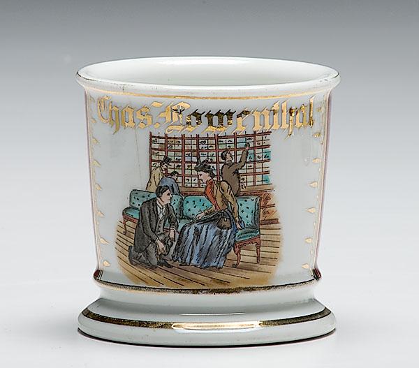 Appraisal: SHOE SALESMAN OCCUPATIONAL SHAVING MUG porcelain with polychrome painted scene