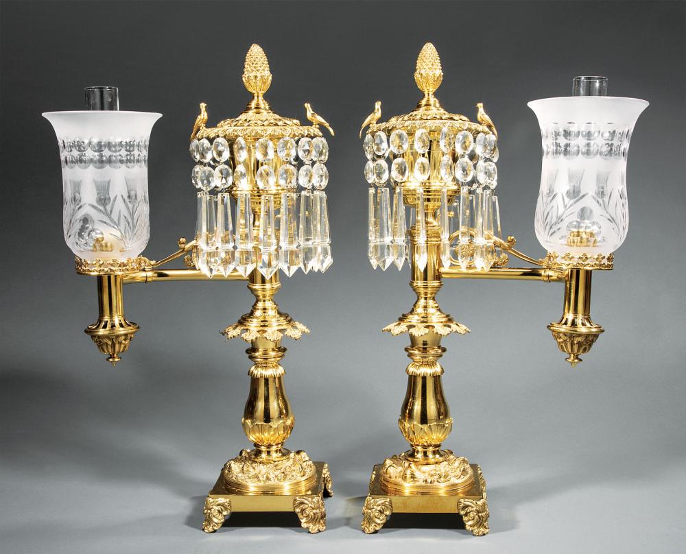 Appraisal: Pair of Monumental American Gilt Bronze Argand Lamps th c