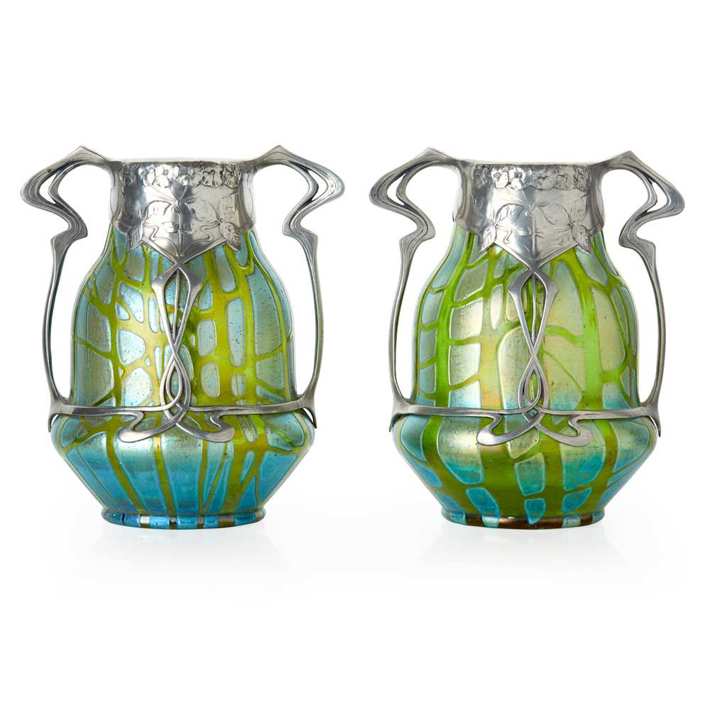 Appraisal: LOETZ AUSTRIA PAIR OF JUGENDSTIL TWIN-HANDLED VASES CIRCA iridescent glass