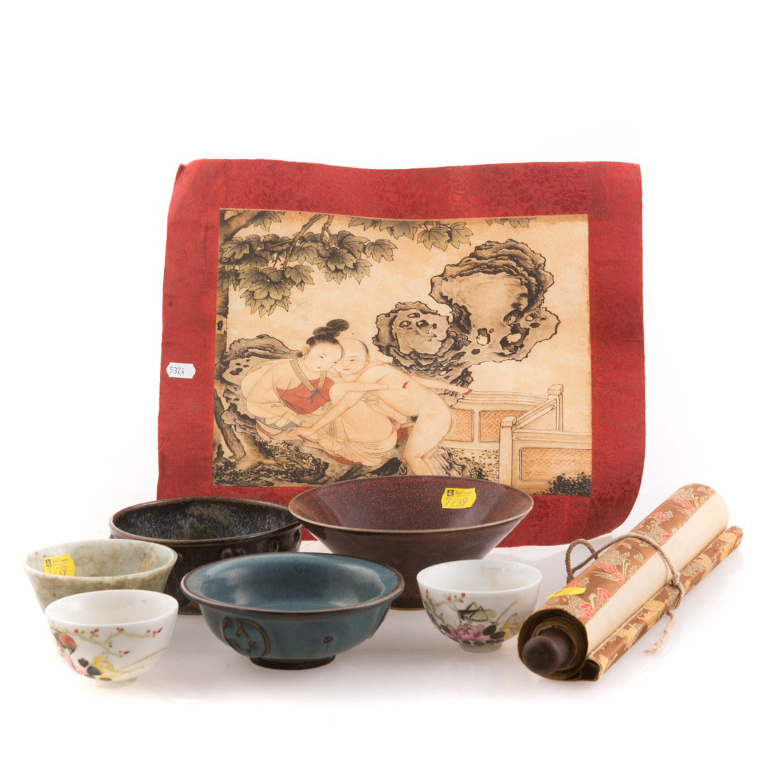 Appraisal: Assorted Chinese bowls scroll erotica watercolor Six assorted ceramic and