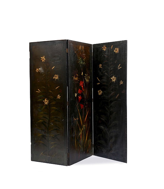 Appraisal: AN OLD PAINTED THREE FOLD SCREEN painted with lilies and