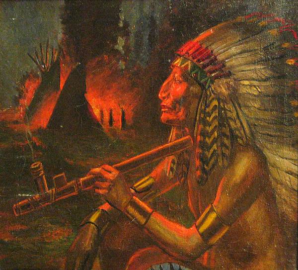 Appraisal: American School th century Indian smoking near the campfire unsigned