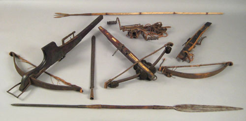 Appraisal: Three Continental cross bows and accessories late th early th