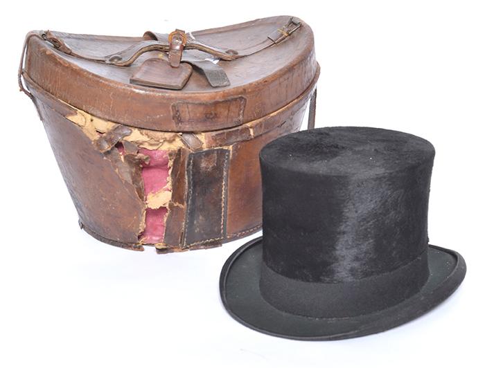 Appraisal: BLACK TOP HAT IN BROWN LEATHER CASE BLACK TOP HAT