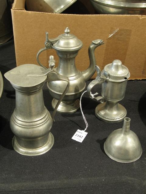 Appraisal: THREE PEWTER FLAGONS AND A FUNNEL Probably th century The