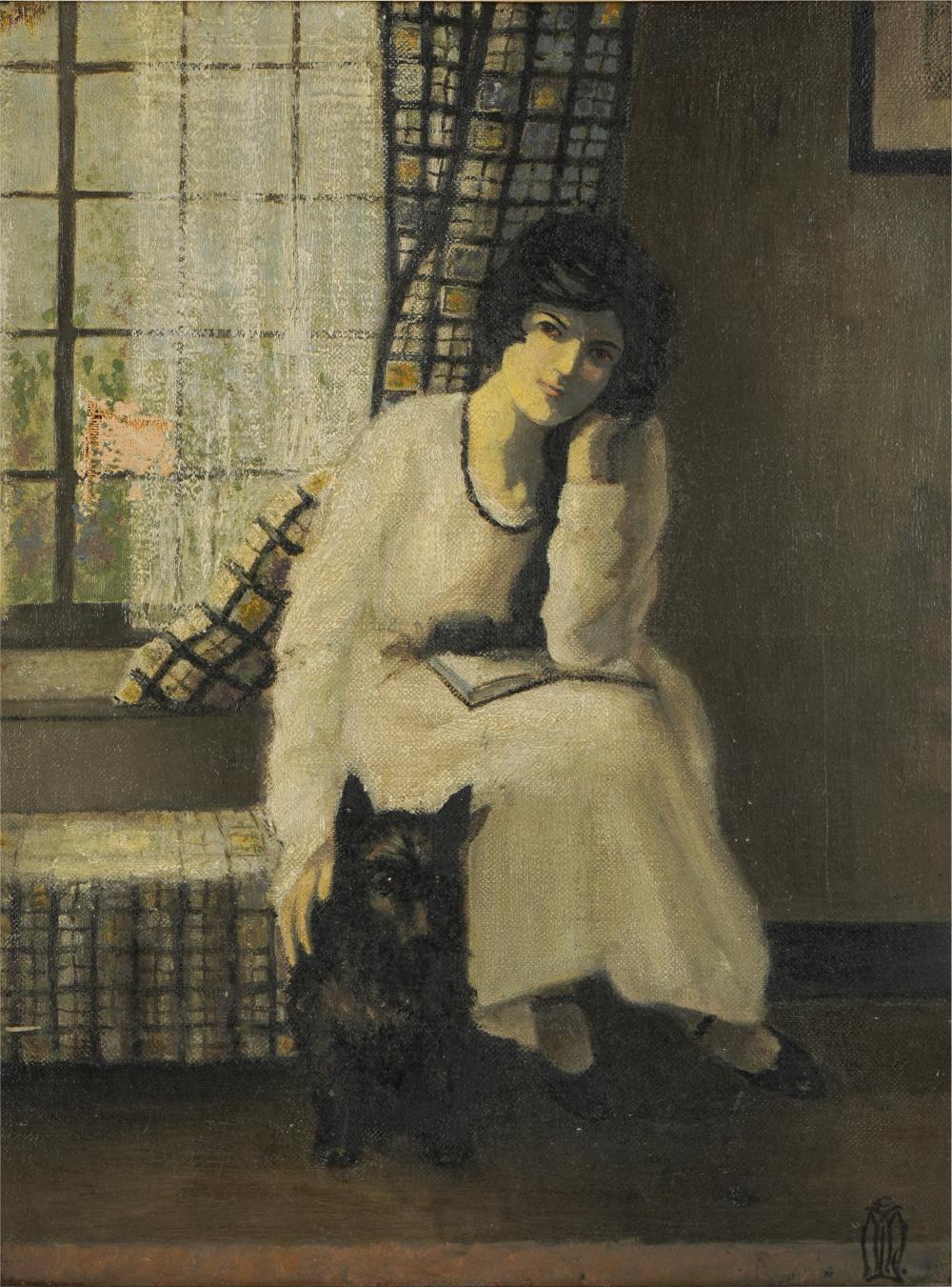 Appraisal: SEATED WOMAN WITH DOGoil on canvas signed lower right Dimensions