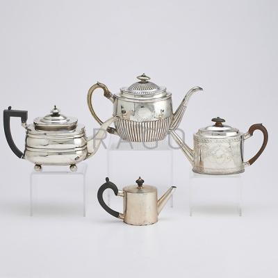 Appraisal: FOUR GEORGIAN SILVER TEAPOTS LONDON Cylindrical bachelors pot with scalloped