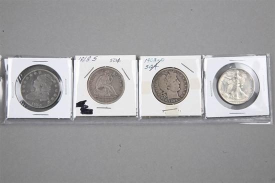 Appraisal: FOUR EARLY HALF DOLLARS Lot includes capped bust -S seated