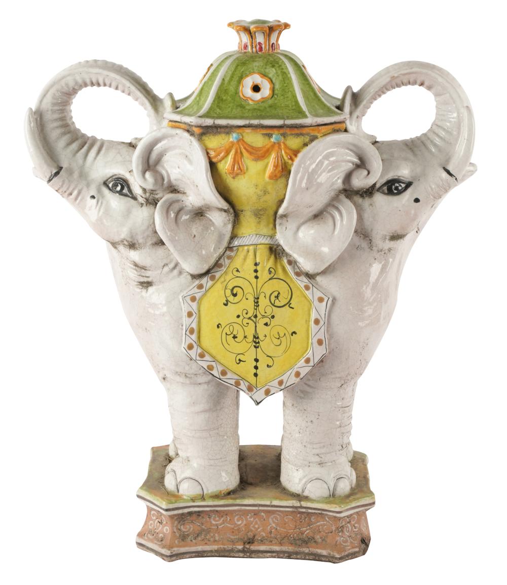 Appraisal: GLAZED CERAMIC ELEPHANT URNwith cover Provenance The Estate of Barbara