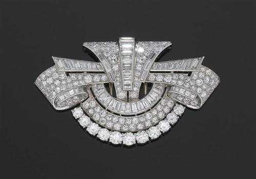 Appraisal: DIAMOND CLIP BROOCH France ca Platinum Fancy half-circle brooch with