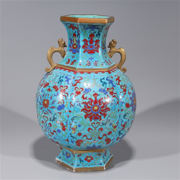 Appraisal: Chinese blue ground porcelain enameled vase imitating cloisonn with gilt