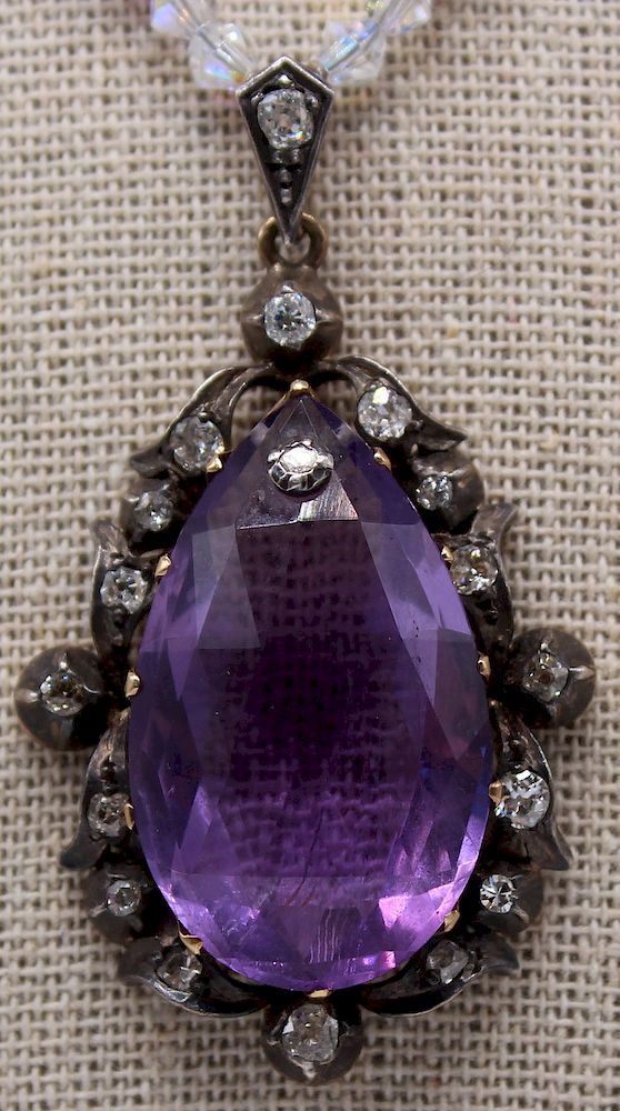 Appraisal: JEWELRY Antique kt Gold Amethyst and Diamond Pendant Antique kt