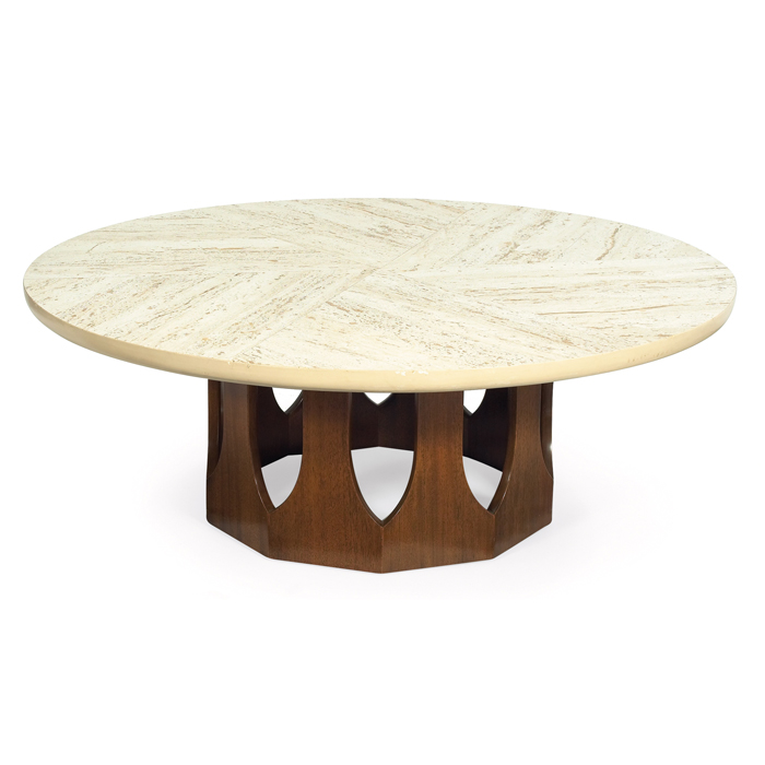 Appraisal: Harvey Probber coffee table attribution round top composed of travertine