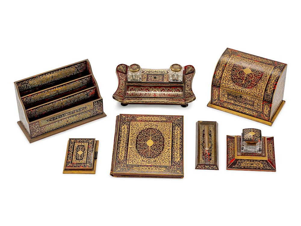 Appraisal: A Set of Eight French Boulle Marquetry Desk Articles A