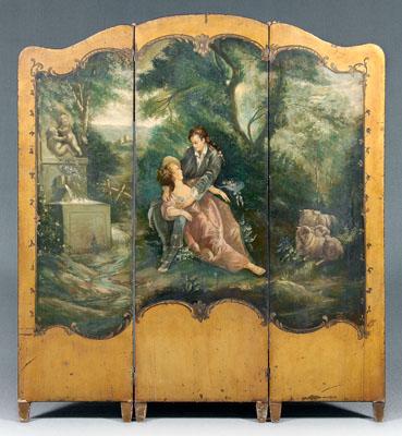 Appraisal: Louis XV style leather screen three panels depicting courting couple