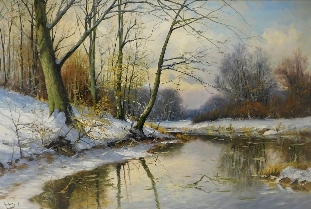 Appraisal: IMPRESSIONIST WINTER RIVER LANDSCAPE PAINTING United States th CenturyTall bare