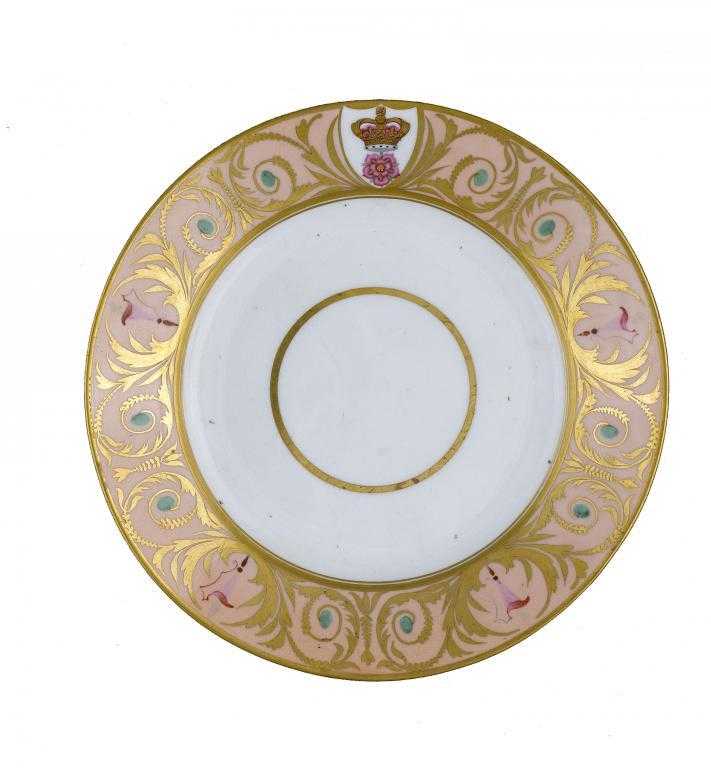 Appraisal: A DERBY CRESTED PLATE the broad salmon pink and gilt